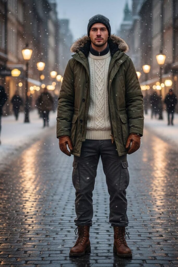 5. Parka with Sweater and Cargo Pants