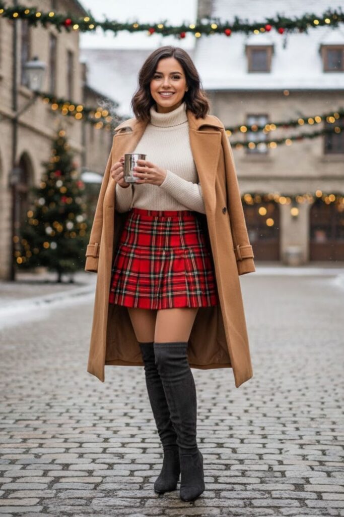 5. Plaid Skirt with Over-the-Knee Boots