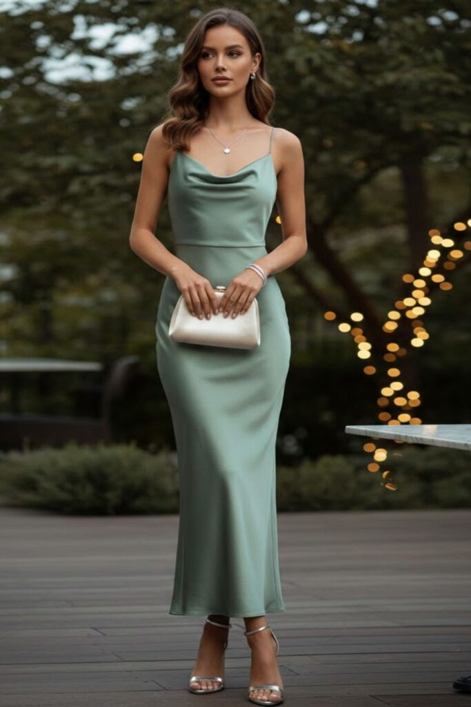 5. Satin Slip Dress with Delicate Jewelry