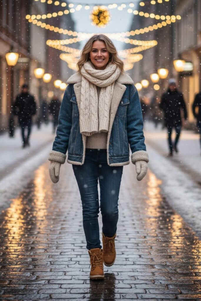 5. Shearling Jacket with Denim and Snow Boots
