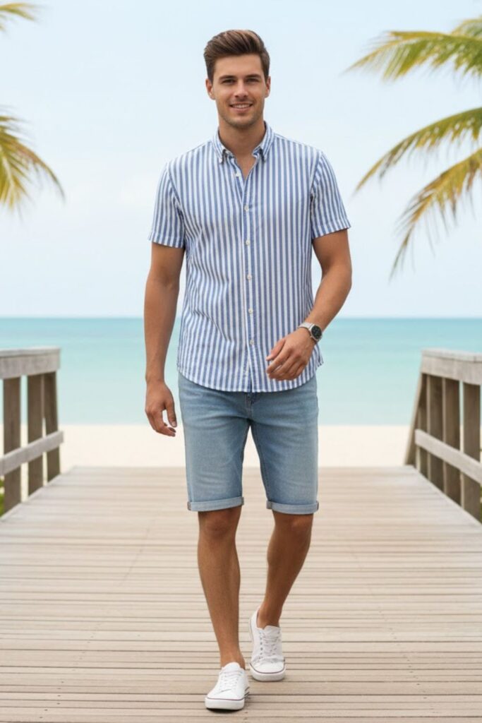 5. Striped Shirt with Light Wash Jorts
