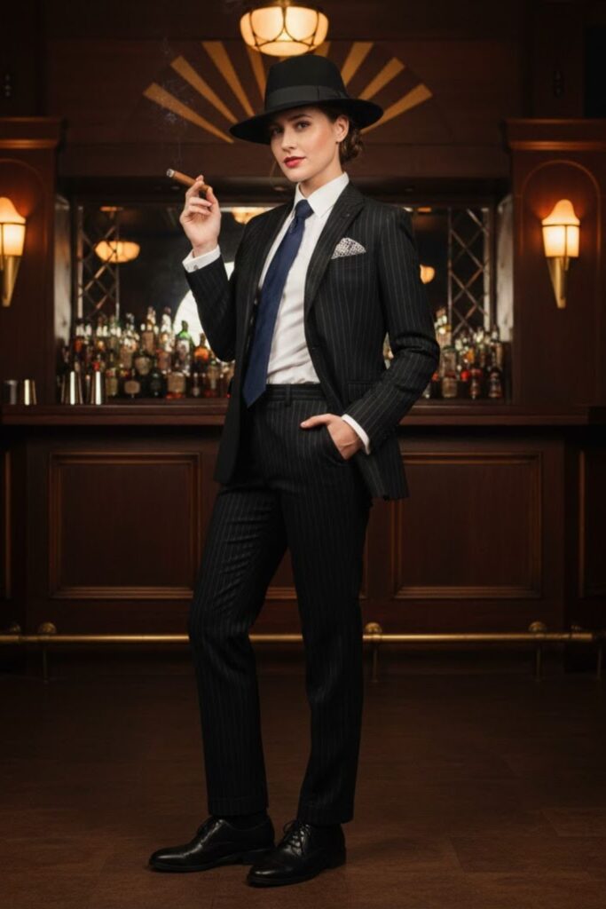 5. Striped Suit with Fedora Hat (Men’s Look)