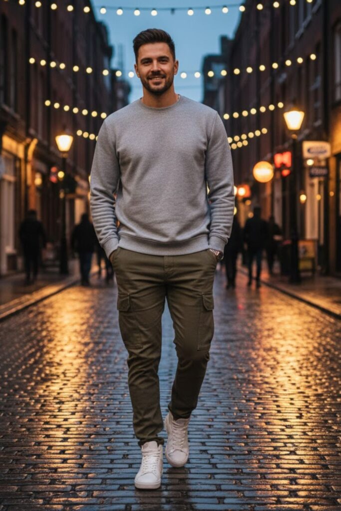 5. Sweatshirt with Cargo Pants and Trainers