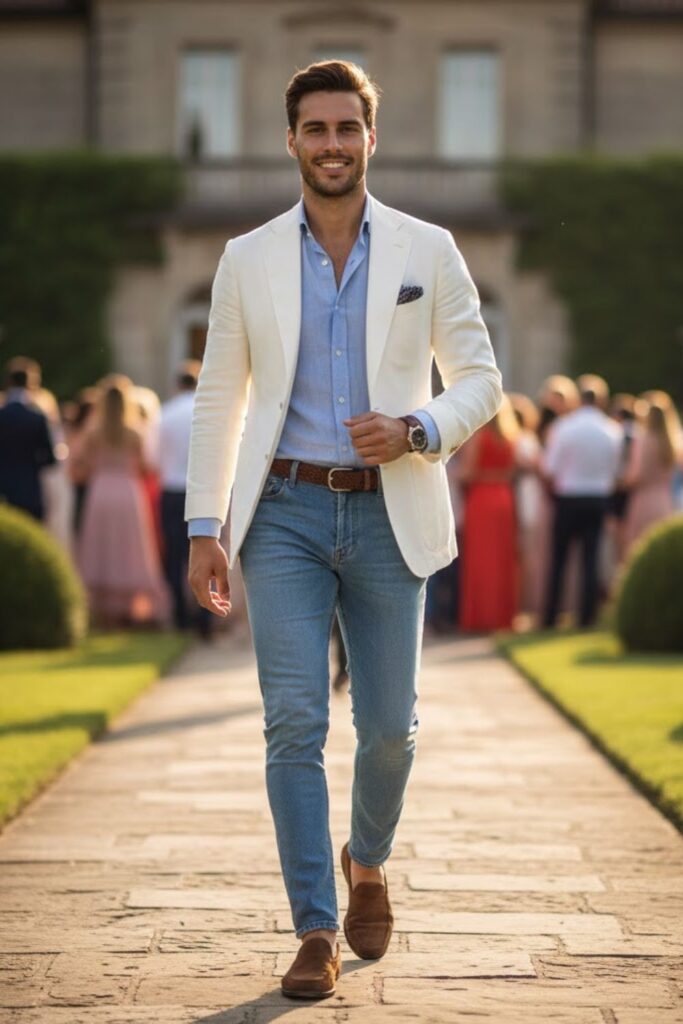 5. The White Linen Suit Jacket with Jeans