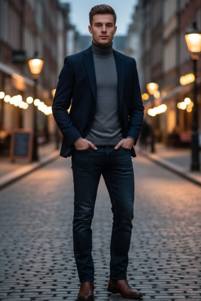 5. Turtleneck with Blazer and Jeans