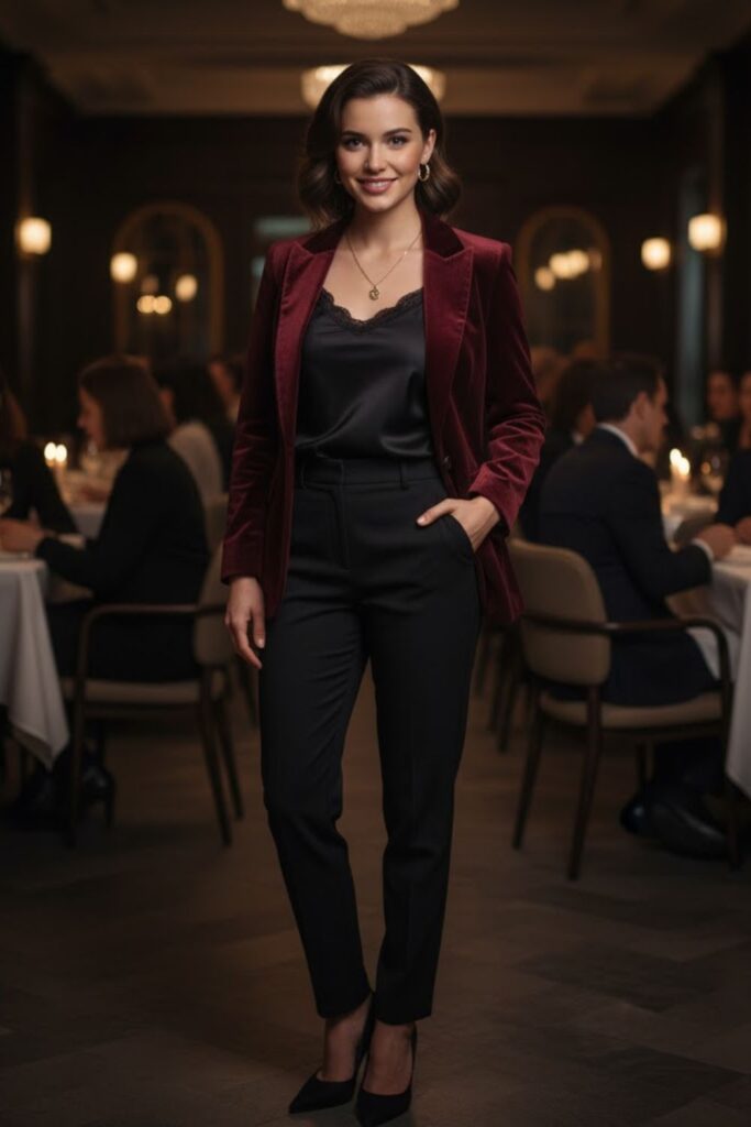 5. Velvet Blazer with Tailored Trousers