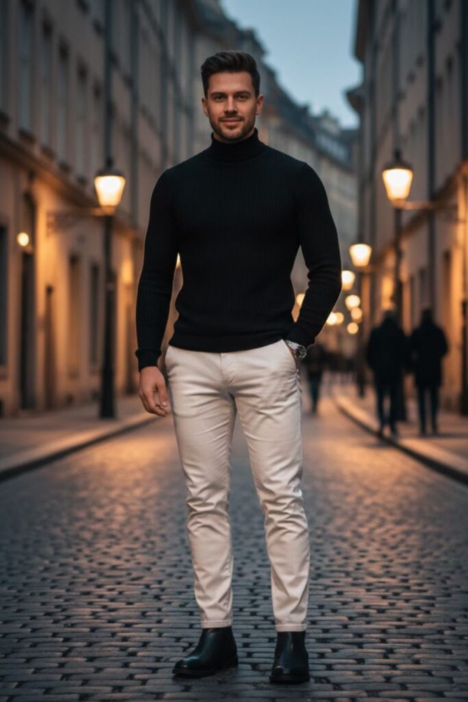 5. White Pants with Black Turtleneck