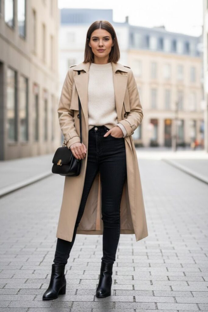 6. Black Jeans with White Sweater and Trench Coat
