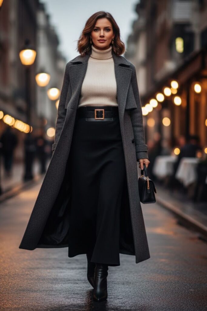 6. Black Maxi Skirt with Turtleneck and Belt