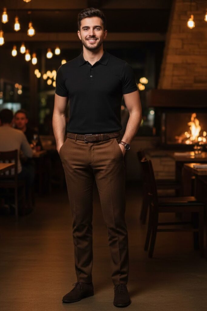 6. Black Shirt with Brown Pants