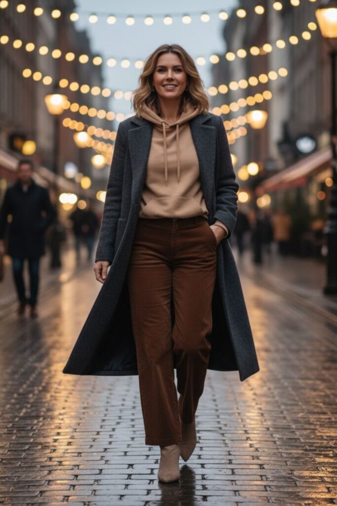 6. Brown Corduroy Pants with a Beige Hoodie and Longline Coat