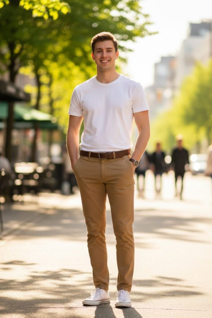 6. Brown Pants with White T-Shirt