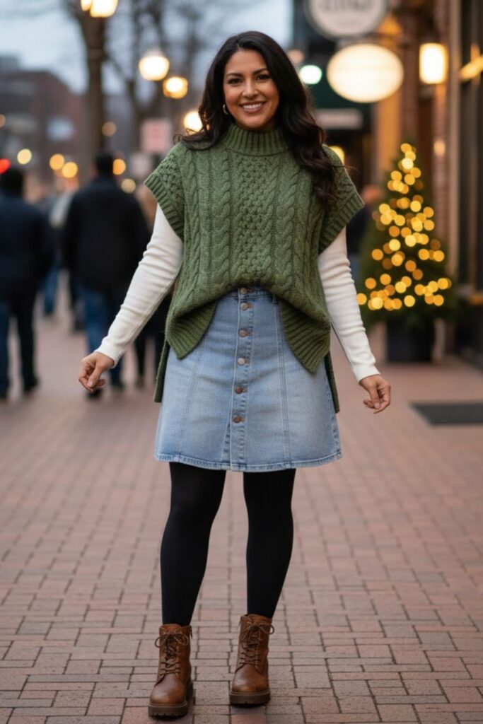 6. Button-Front Denim Skirt with Sweater Vest