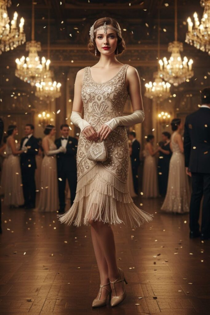 6. Champagne Beaded Flapper Dress