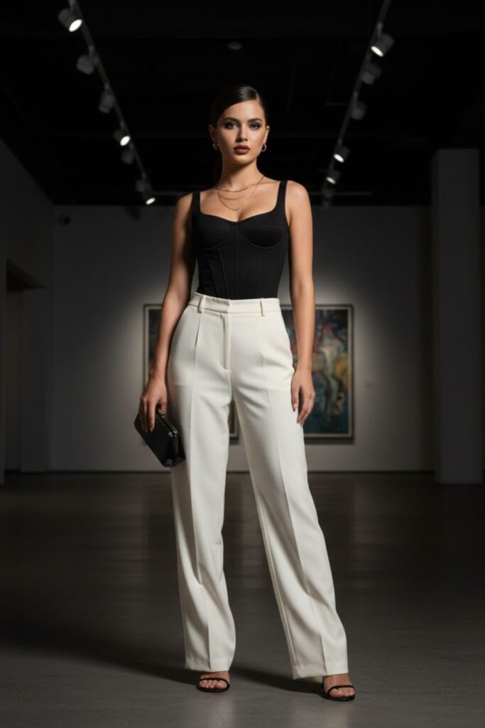 6. Chic Corset Top with Wide-Leg Trousers