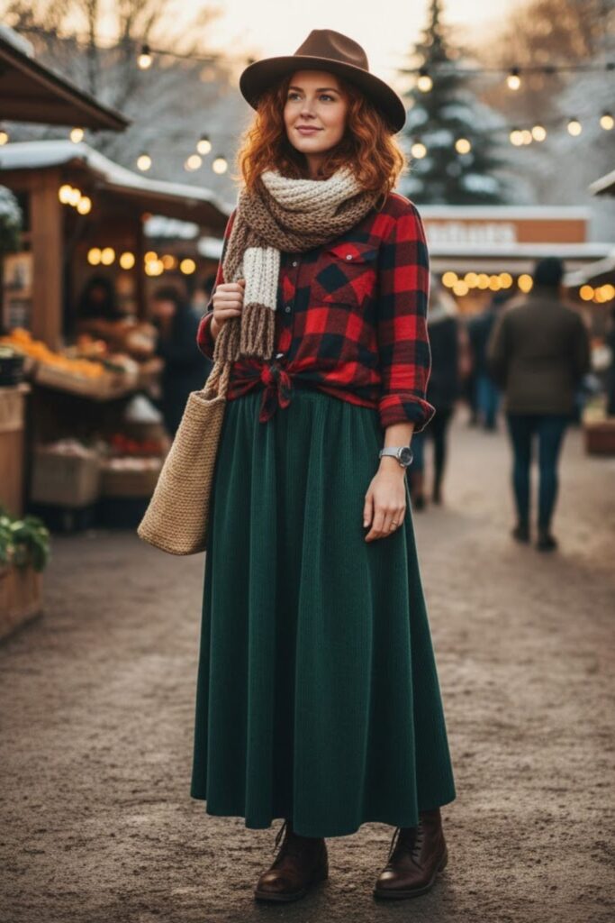 6. Corduroy Long Skirt with a Flannel Shirt