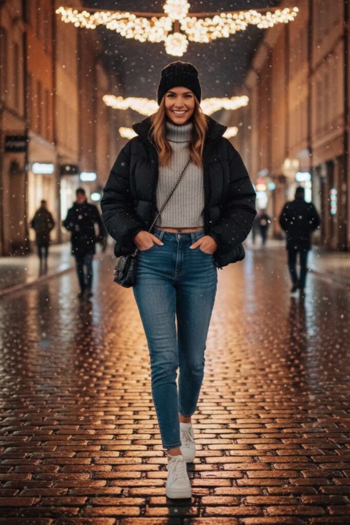 6. Cropped High Neck Top with High-Waisted Jeans