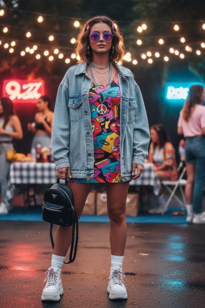 6. Denim Jacket over Graphic Dress
