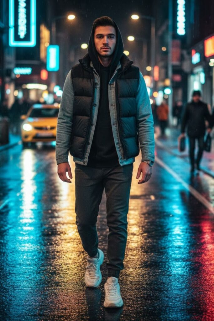 6. Denim Jacket with Hoodie and Puffer Vest