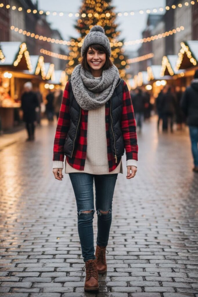 6. Flannel Shirt with Puffer Vest and Jeans