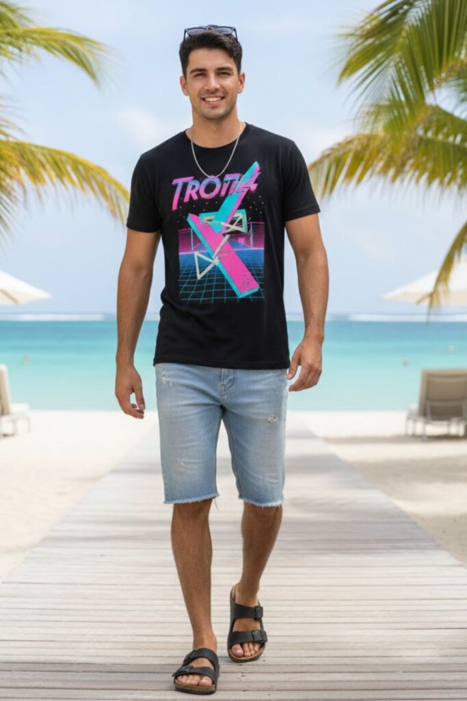 6. Graphic Tee with Denim Shorts and Classic Birkenstocks