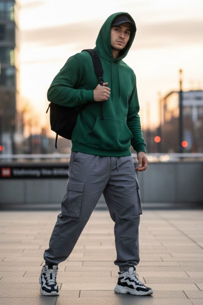 6. Grey Cargo Pants with Hoodie