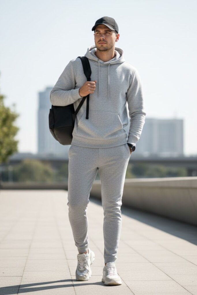 6. Grey Joggers with Hoodie and Sneakers