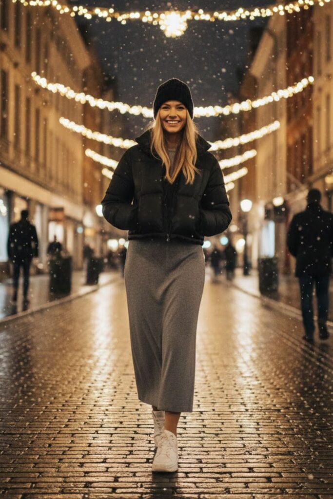 6. Grey Maxi Dress with Puffer Jacket and Sneakers