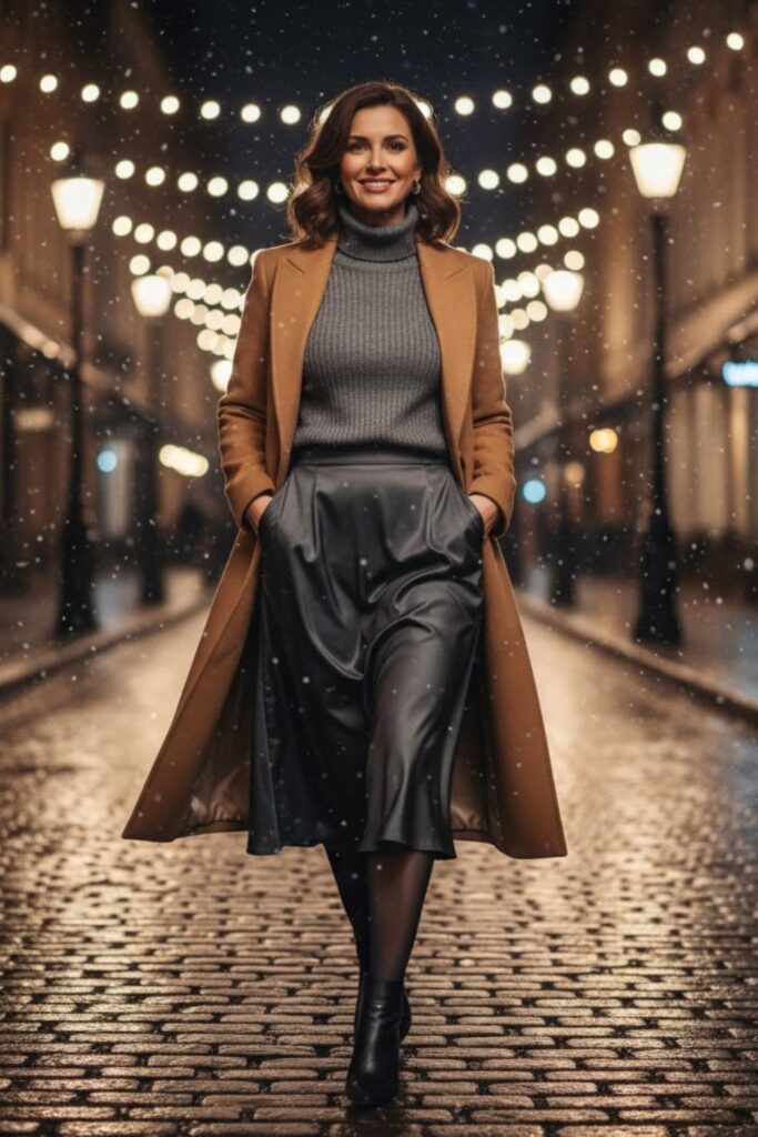 6. Grey Satin Skirt with Wool Turtleneck and Heeled Boots