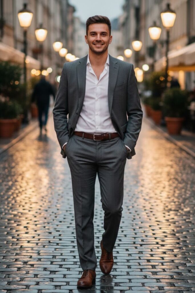 6. Grey Suit with Open Collar Shirt