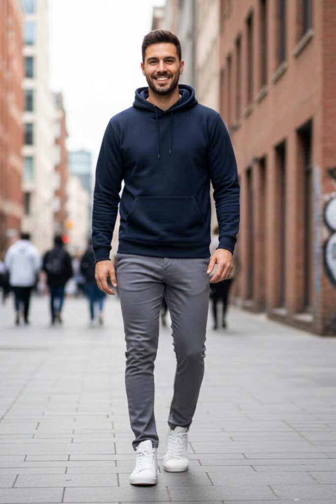 6. Grey Trousers with Hoodie and High-Top Sneakers