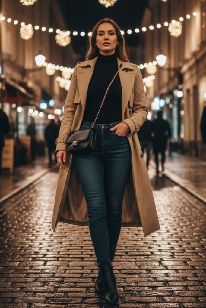 6. High-Waist Jeans with Turtleneck and Trench Coat