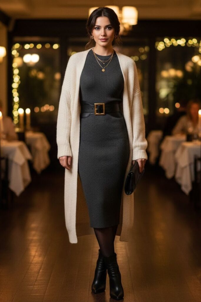 6. Longline Cardigan with Midi Dress