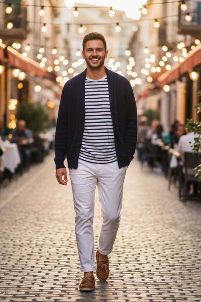 6. Navy Blue Cardigan with Striped Tee and White Pants