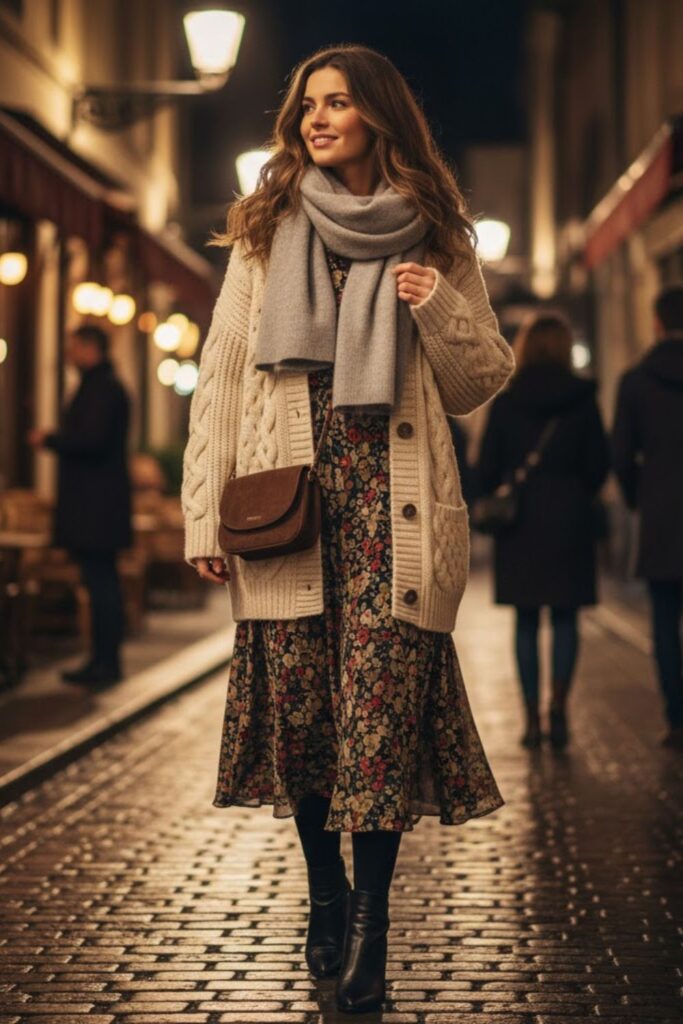 6. Oversized Cardigan with Midi Dress