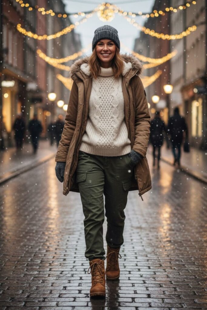 6. Parka with Oversized Sweater and Cargo Pants