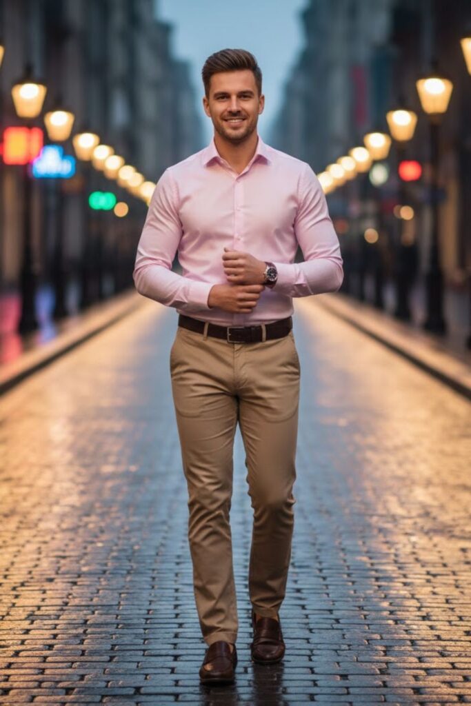 6. Pink Shirt with Beige Chinos