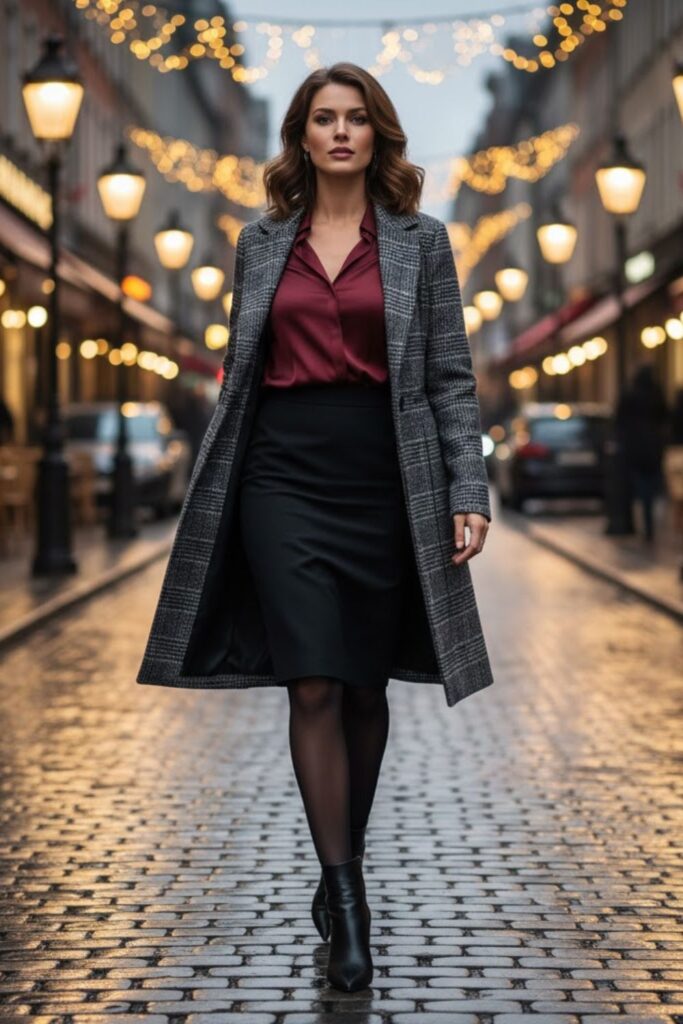 6. Plaid Coat over Black Pencil Skirt and Blouse