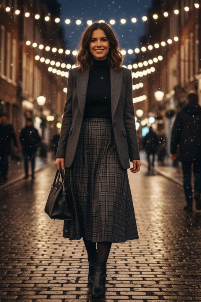 6. Plaid Maxi Skirt with Wool Blazer