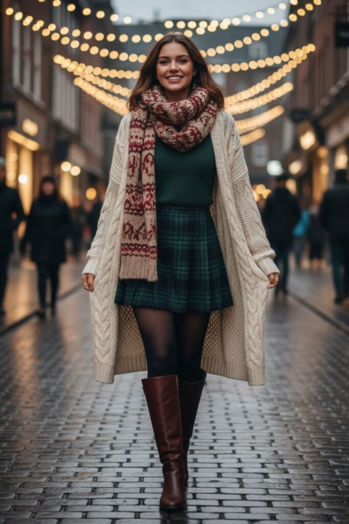 6. Plaid Skirt with Cardigan Layers