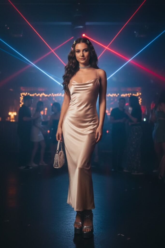 6. Satin Slip Dress with Platform Sandals