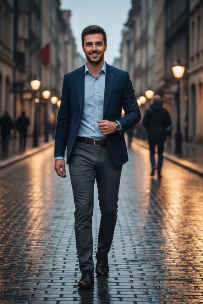 6. Sky Blue Shirt with Gray Trousers