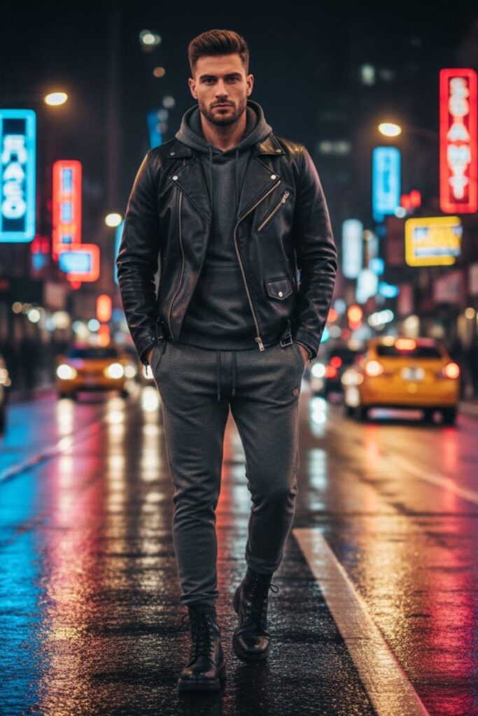 6. Sweatpants with a Leather Jacket