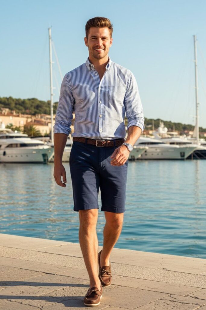 6. The Striped Button-Down and Navy Shorts