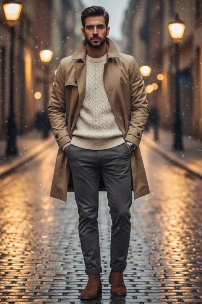 6. Trench Coat with Knit Sweater and Chinos