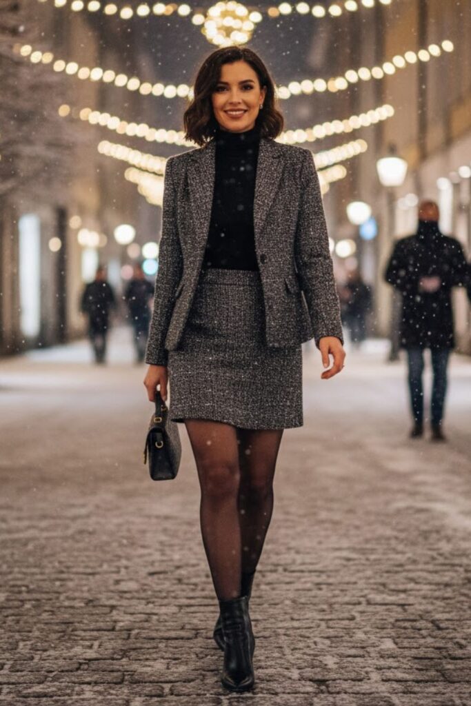 6. Tweed Mini Skirt with Blazer and Turtleneck