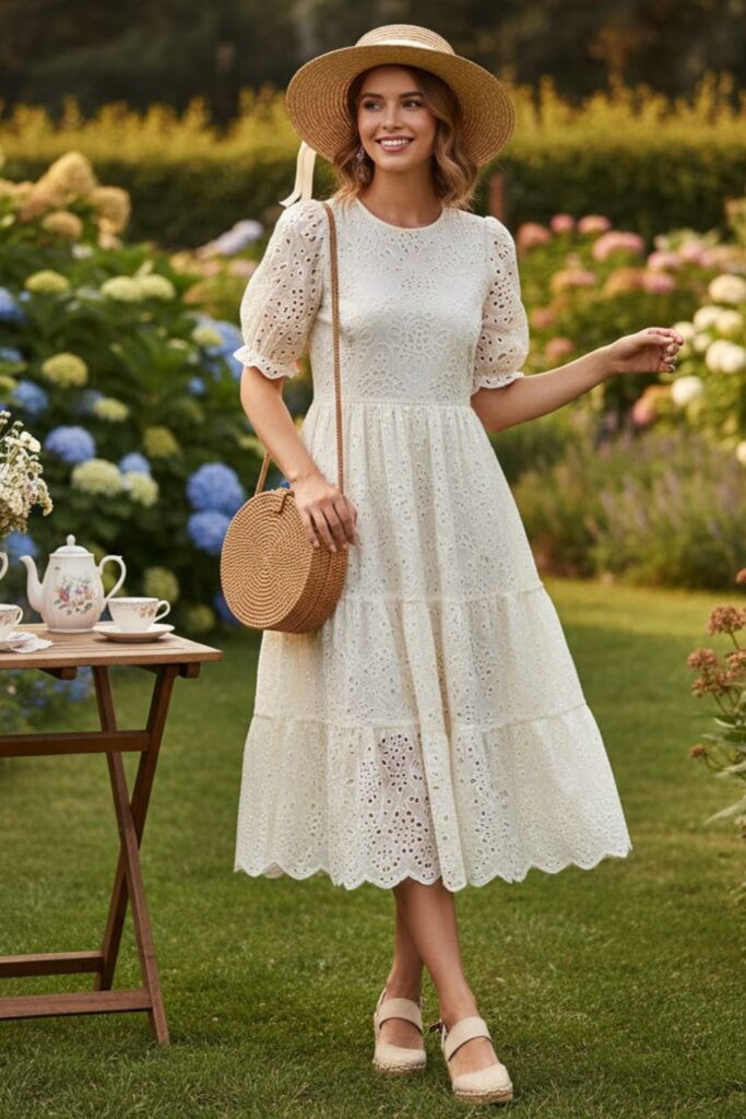 6. White Eyelet Dress with Straw Accessories