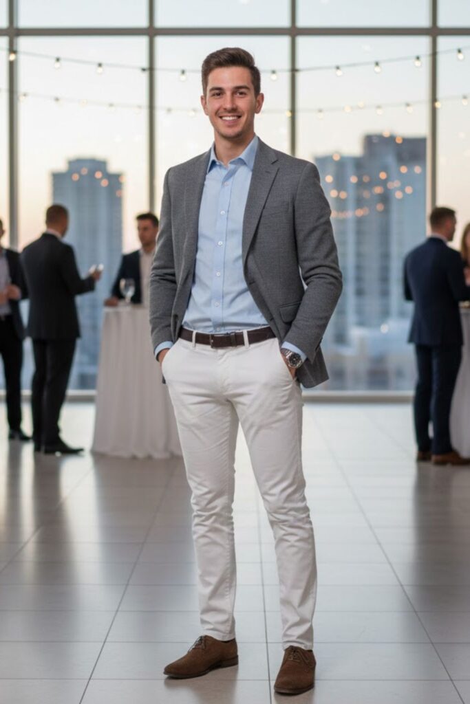 6. White Pants with Grey Blazer