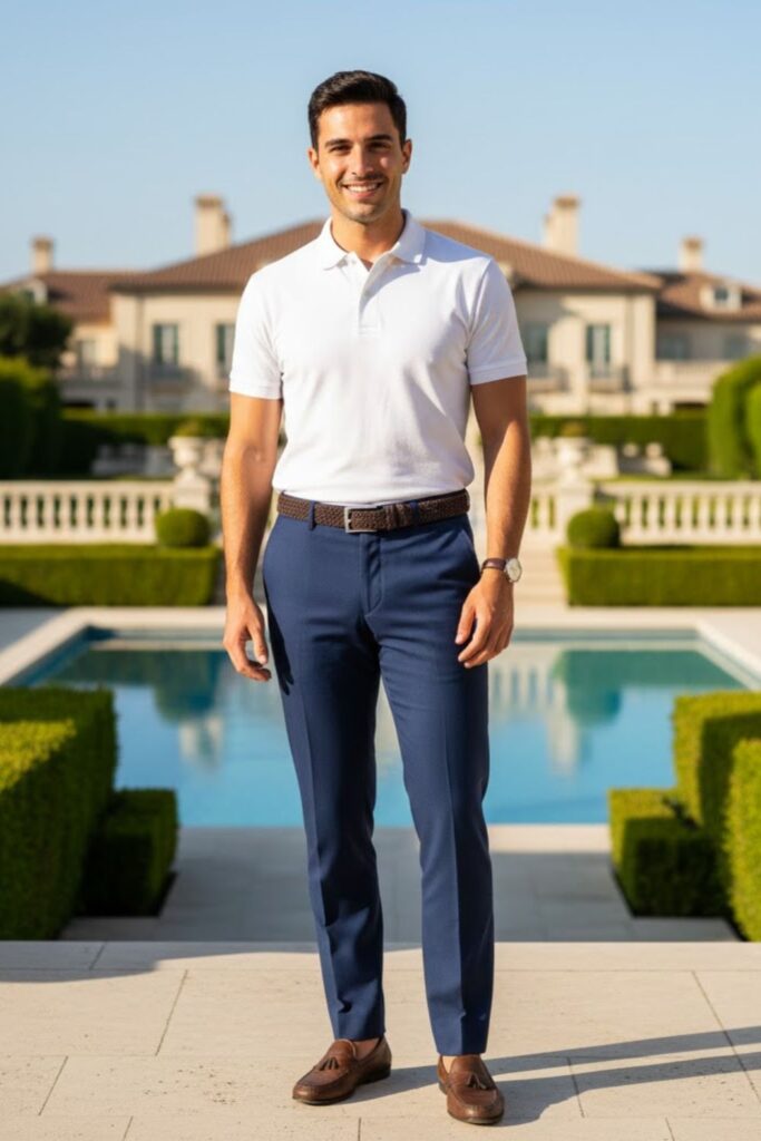 6. White Polo Shirt with Navy Trousers