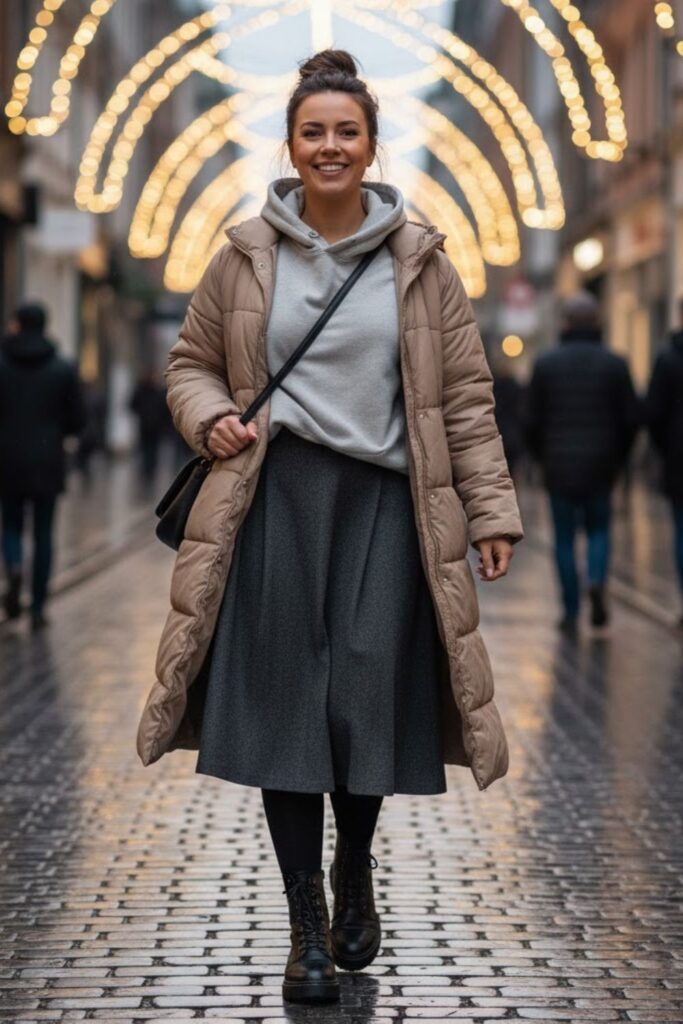 6. Wool Midi Skirt with Puffer Jacket